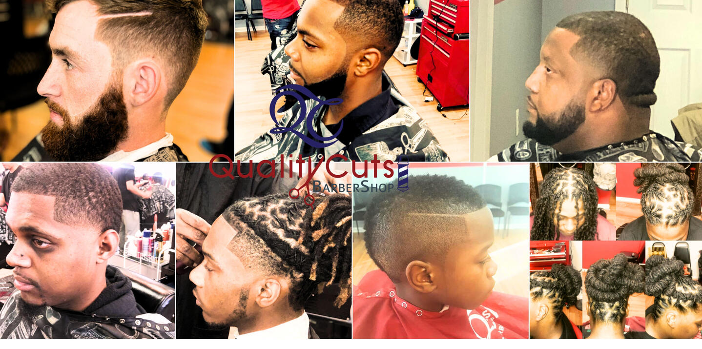 Collage of Quality Cuts work — fades, tapers, beards and locs
